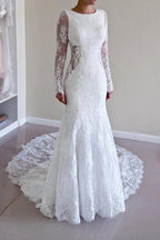 Vestido de novia NumberSea de encaje blanco, corte sirena, manga larga, espalda descubierta y cola larga, MW181 
