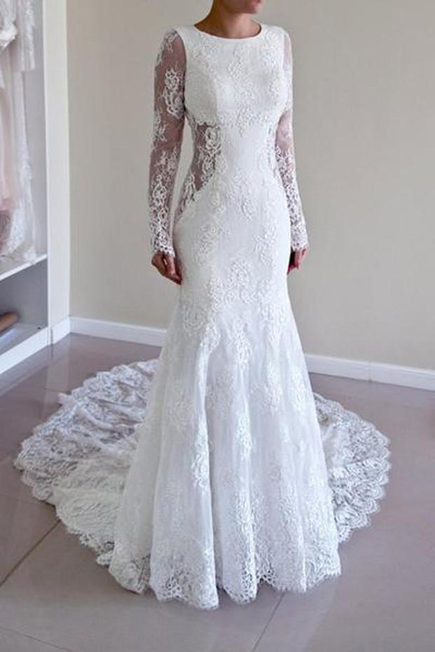 Vestido de novia NumberSea de encaje blanco, corte sirena, manga larga, espalda descubierta y cola larga, MW181 