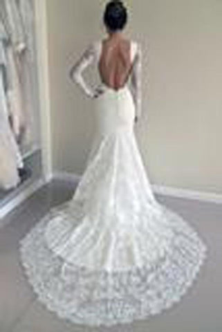NumberSea White Lace Mermaid Long Sleeve Backless Wedding Dresses with Sweep Train, MW181