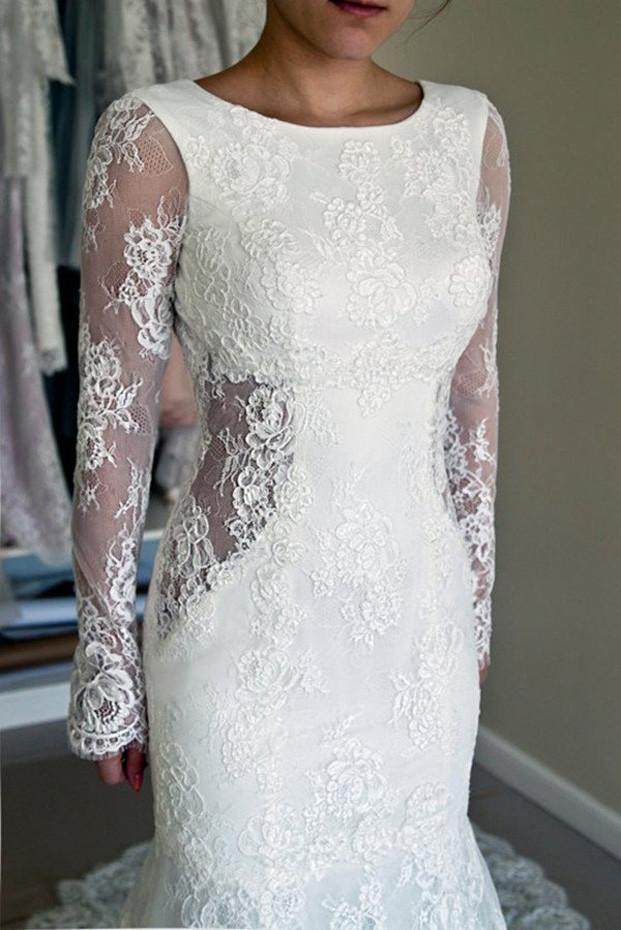 Vestido de novia NumberSea de encaje blanco, corte sirena, manga larga, espalda descubierta y cola larga, MW181 