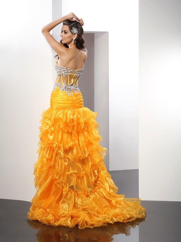 Sheath/Column Sweetheart Beading Sleeveless High Low Organza Dresses