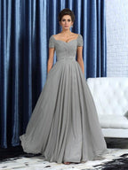 Mother of the Bride Dresses A-Line Sweetheart Beading Short Sleeves Long Chiffon