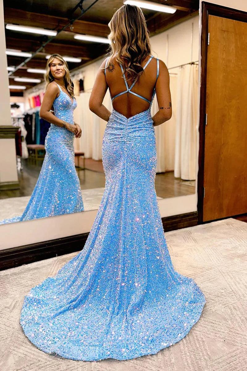 Vestido de fiesta sirena azul brillante con lentejuelas, largo sin espalda