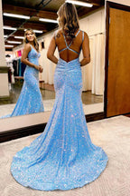 Vestido de fiesta sirena azul brillante con lentejuelas, largo sin espalda