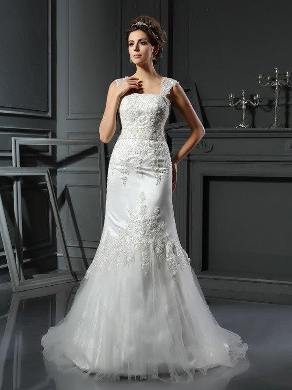 Vestidos de novia largos de satén sin mangas con apliques y tirantes de trompeta/sirena