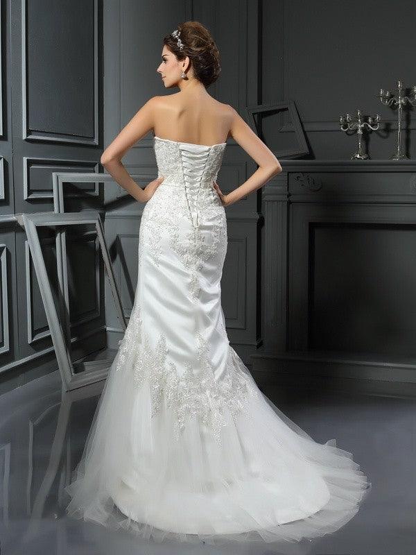 Vestidos de novia largos de satén sin mangas con apliques y tirantes de trompeta/sirena