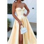 Sweetheart Yellow Satin High Split Prom Dress with Pockets