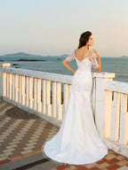 Sheath/Column Sweetheart Applique Short Sleeves Long Satin Beach Wedding Dresses