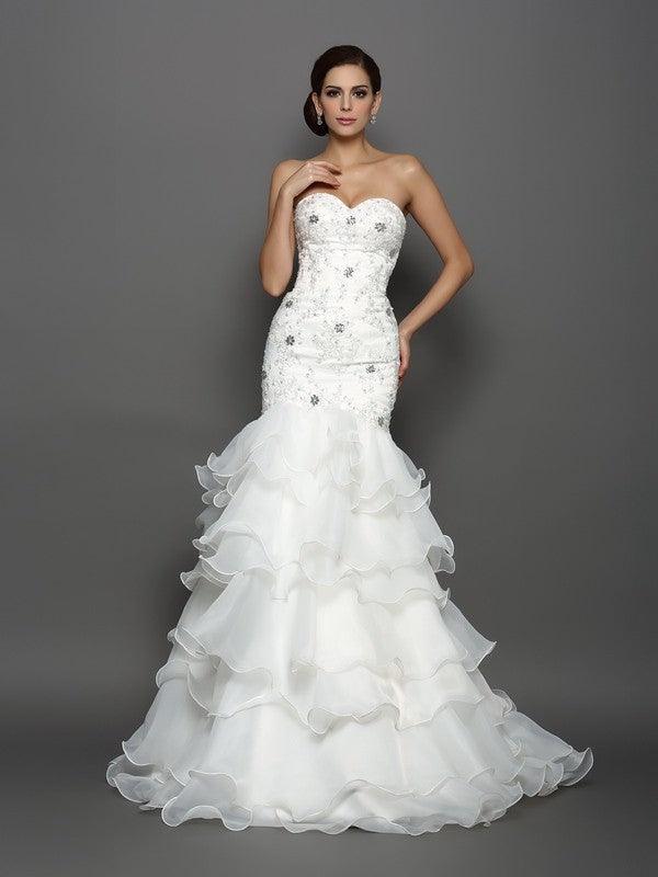 Vestidos de novia largos de organza sin mangas con escote en forma de trompeta/sirena, escote en forma de corazón, apliques de cuentas