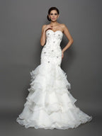 Vestidos de novia largos de organza sin mangas con escote en forma de trompeta/sirena, escote en forma de corazón, apliques de cuentas