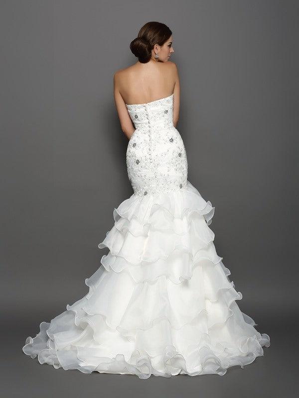 Vestidos de novia largos de organza sin mangas con escote en forma de trompeta/sirena, escote en forma de corazón, apliques de cuentas