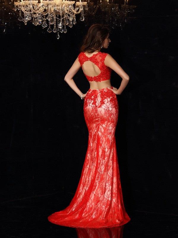 Vestido de dos piezas largo de satén tejido elástico sin mangas con encaje redondo y corte tubo/columna