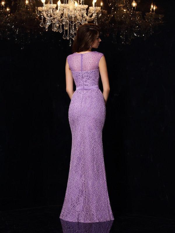 Vestidos largos sin mangas con encaje, escote redondo y corte tubo/columna