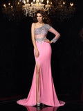 Etui-Linie One-Shoulder-Träger Perlen verziert Lange Ärmel Lange Chiffon Kleider
