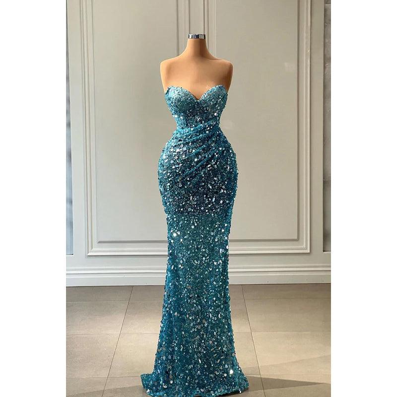 Glamouröses, dramatisches Meerjungfrauen-Abendkleid mit V-Ausschnitt und Rüschen, ärmellos