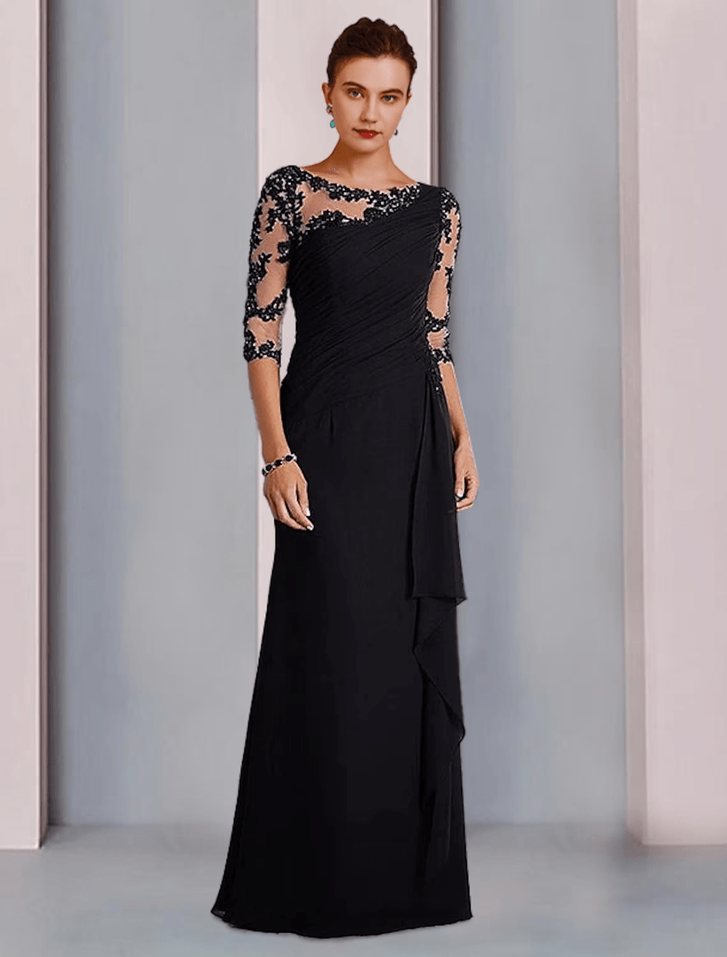 Etui-Linie/Säulenkleid für die Brautmutter, formelles, elegantes Rundhalskleid, bodenlange Chiffonspitze, 3/4-Ärmel mit Perlenapplikationen