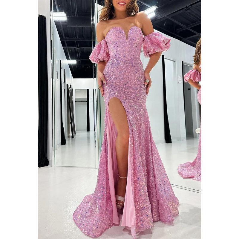 Glitzerndes, schulterfreies, mit Perlen besetztes Puffärmelchen mit seitlichem Schlitz, Party-, Abschlussball- und Abendkleid 