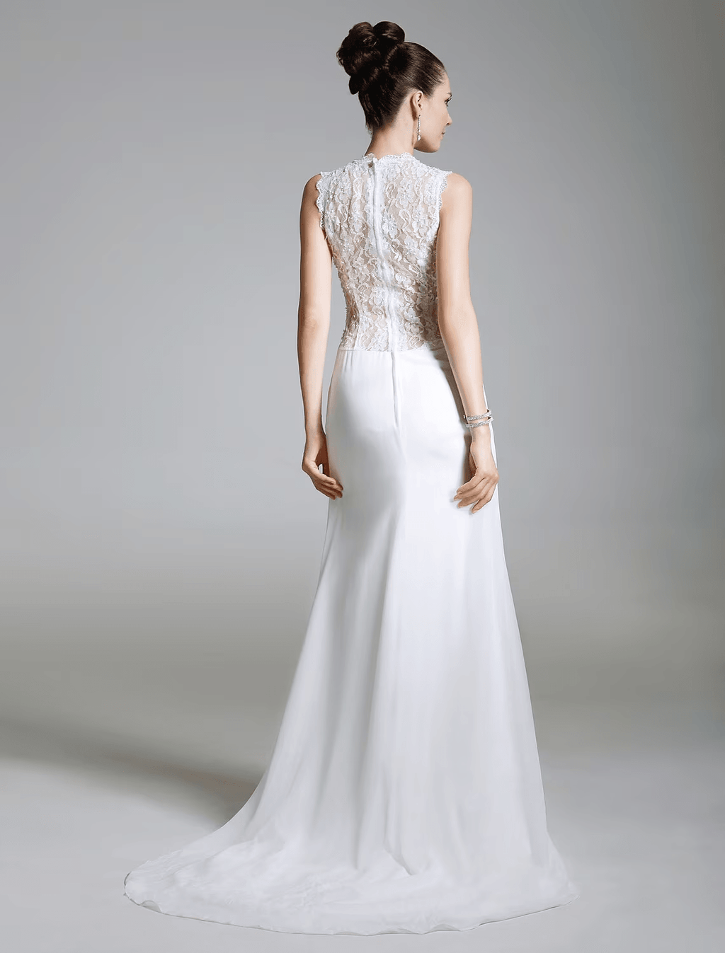 Sheath / Column Celebrity Style Dress Formal Evening Sweep / Brush Train Sleeveless Illusion Neck Chiffon with Lace Split Front