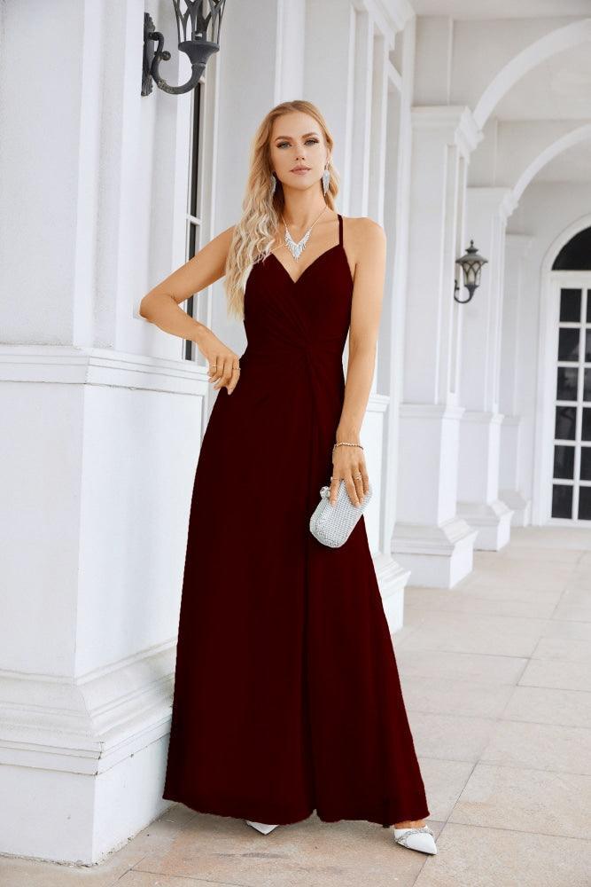 Ladies Chiffon Spaghetti Strap V Neck Front Slit Floor Length Bridesmaid Evening Dress Prom Party Wedding Evening Dress 28116-numbersea