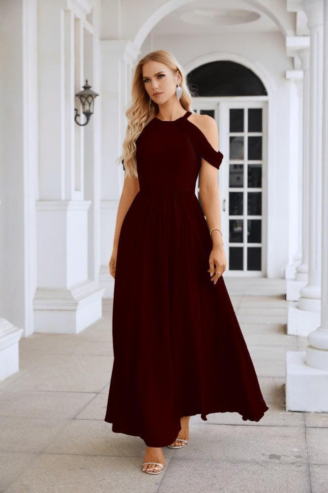 Ladies Chiffon Off Shoulder Swing Sleeve Front Slit Bridesmaid Evening Dress Wedding Party Evening Dress 28117-numbersea