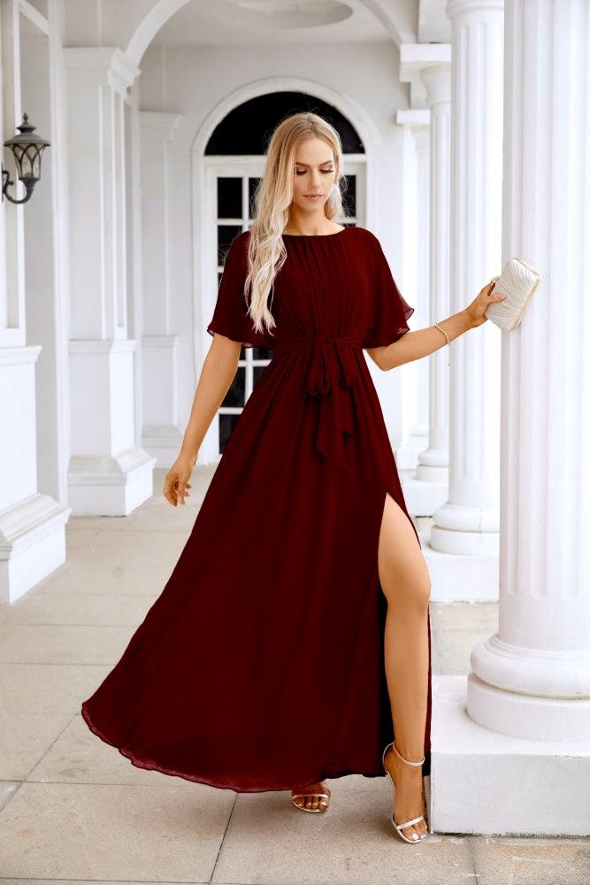 Ladies Chiffon Sleeve Crew Neck Front Slit Floor Length Bridesmaid Evening Dress Wedding Party Evening Dress 28124-numbersea