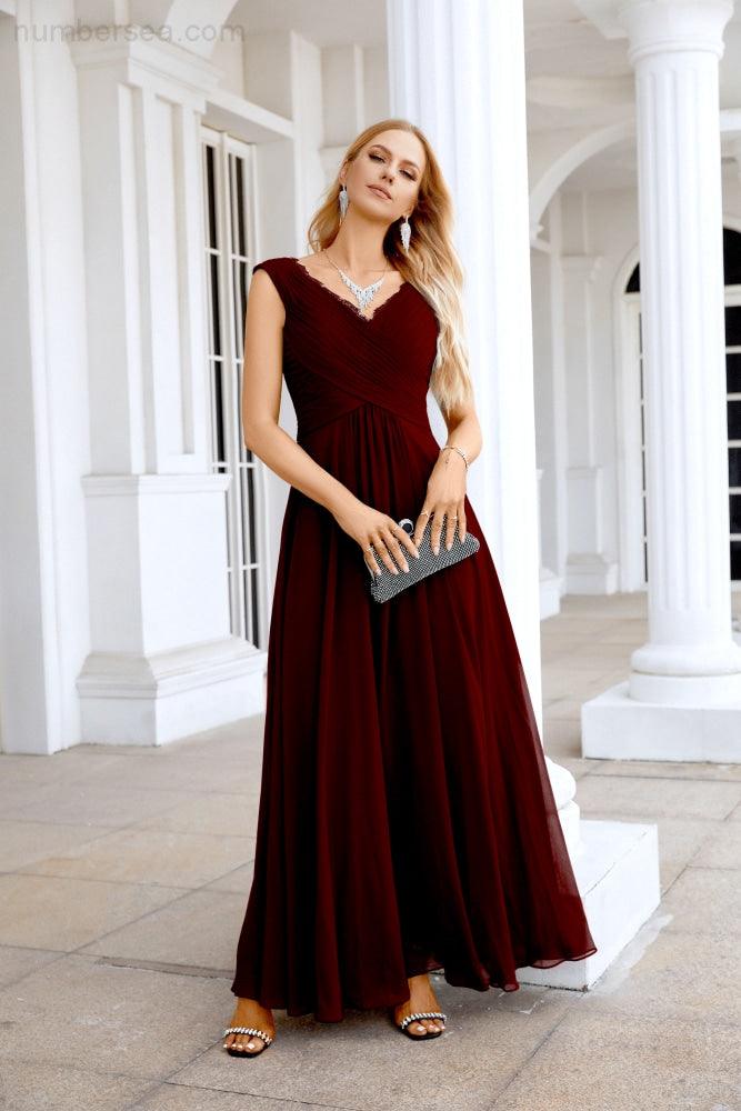 Ladies Chiffon V Neck Sleeveless Floor Length Bridesmaid Evening Dress Wedding Party Evening Dress 28126-numbersea