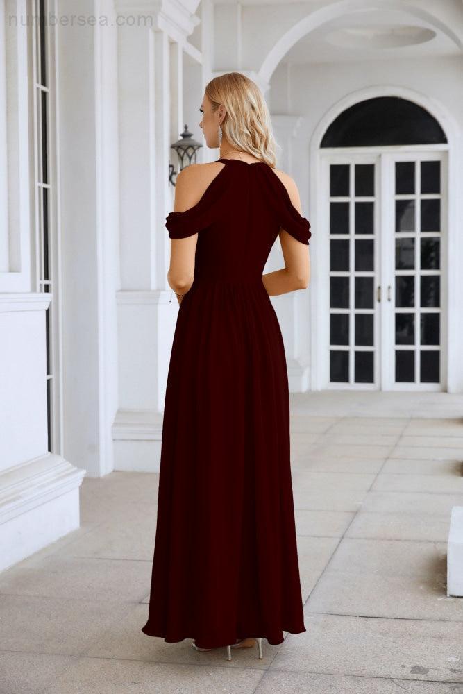 Ladies Chiffon Off Shoulder Swing Sleeve Front Slit Bridesmaid Evening Dress Wedding Party Evening Dress 28117-numbersea
