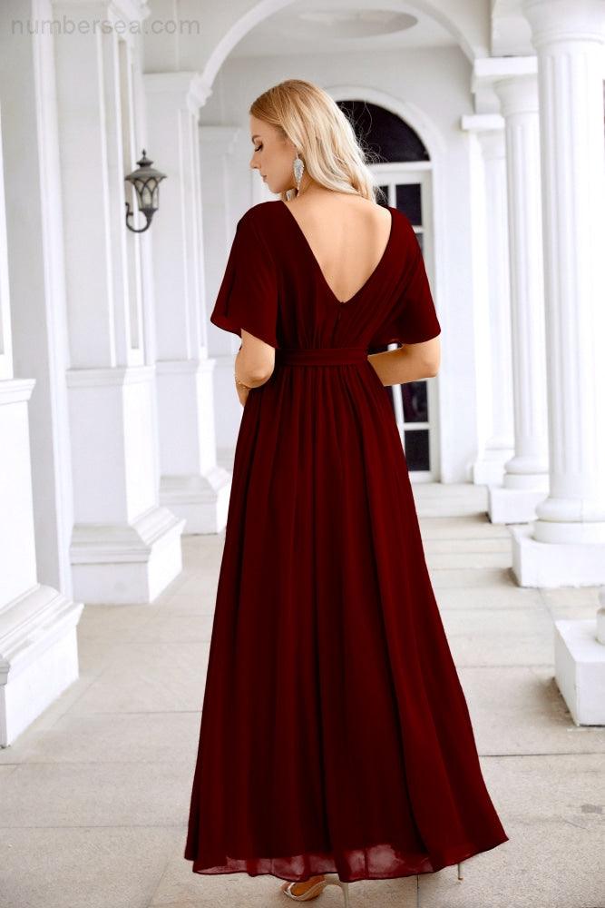 Ladies Chiffon Sleeve Crew Neck Front Slit Floor Length Bridesmaid Evening Dress Wedding Party Evening Dress 28124-numbersea