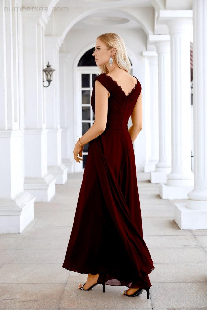 Ladies Chiffon V Neck Sleeveless Floor Length Bridesmaid Evening Dress Wedding Party Evening Dress 28126-numbersea