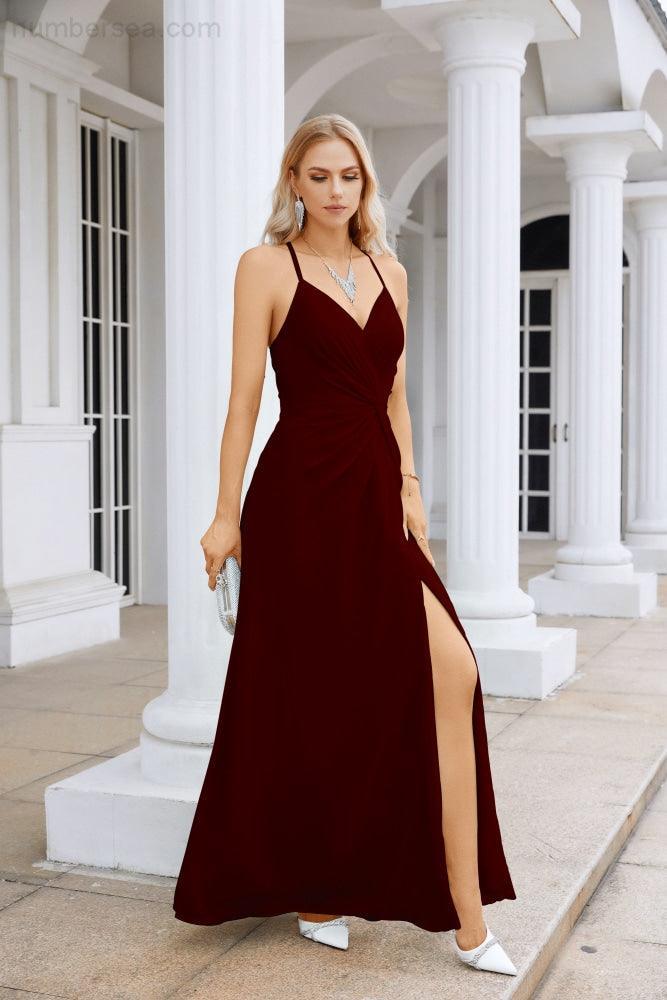 Ladies Chiffon Spaghetti Strap V Neck Front Slit Floor Length Bridesmaid Evening Dress Prom Party Wedding Evening Dress 28116-numbersea