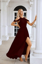 Ladies Chiffon Off Shoulder Swing Sleeve Front Slit Bridesmaid Evening Dress Wedding Party Evening Dress 28117-numbersea
