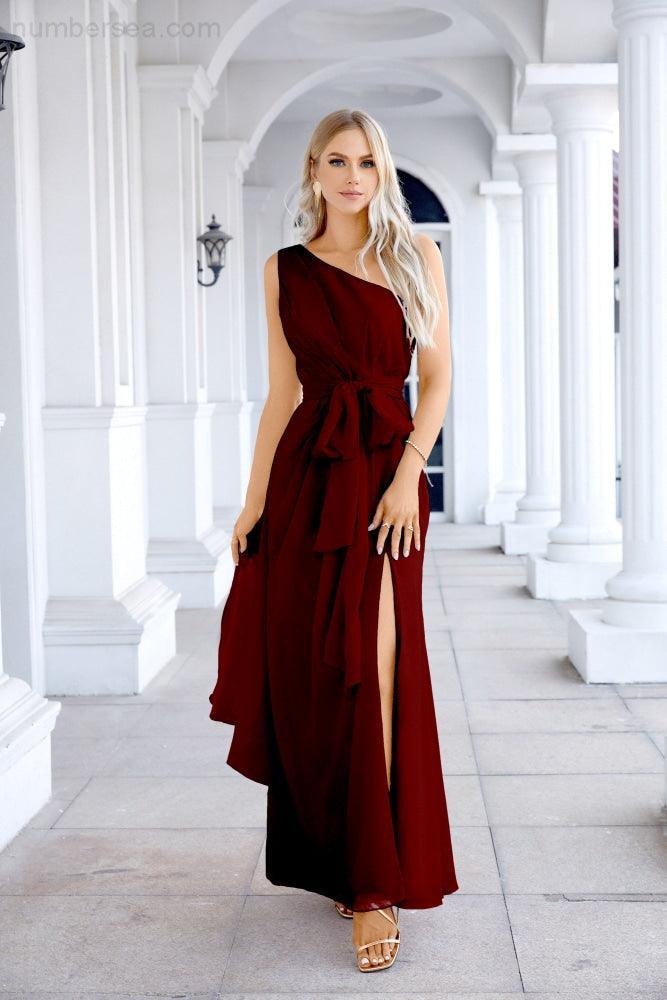 Ladies Chiffon One Shoulder Bridesmaid Evening Dress Wedding Party Evening Dress 28133-numbersea