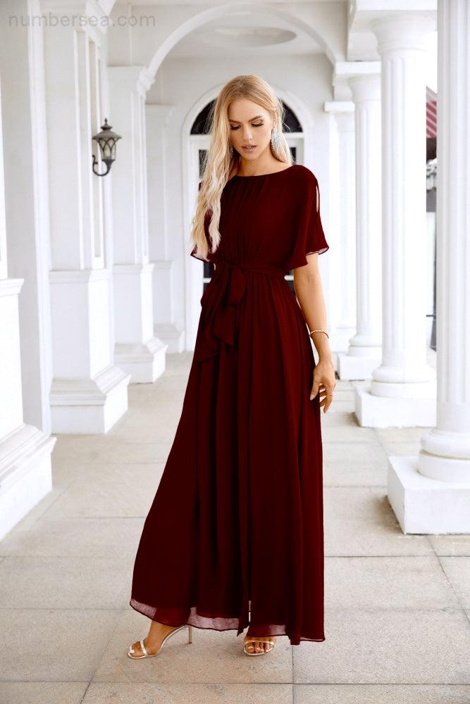 Ladies Chiffon Sleeve Crew Neck Front Slit Floor Length Bridesmaid Evening Dress Wedding Party Evening Dress 28124-numbersea
