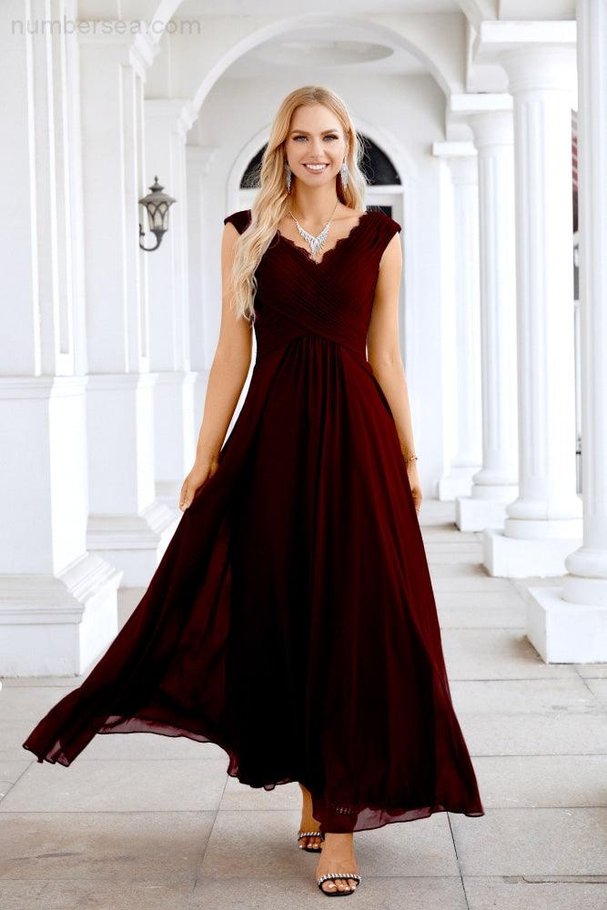 Ladies Chiffon V Neck Sleeveless Floor Length Bridesmaid Evening Dress Wedding Party Evening Dress 28126-numbersea