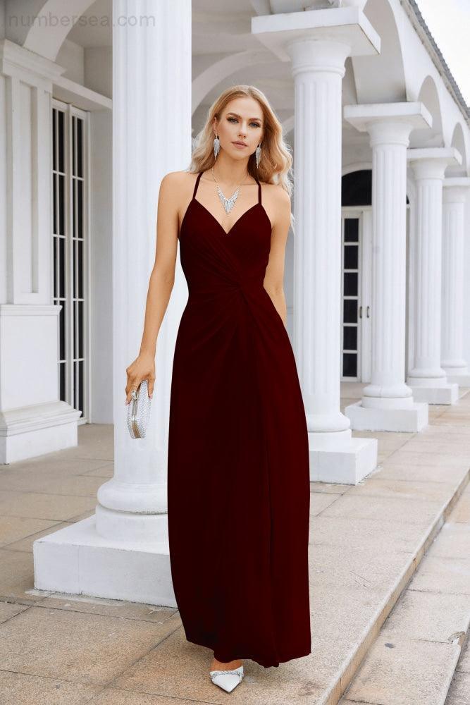 Ladies Chiffon Spaghetti Strap V Neck Front Slit Floor Length Bridesmaid Evening Dress Prom Party Wedding Evening Dress 28116-numbersea