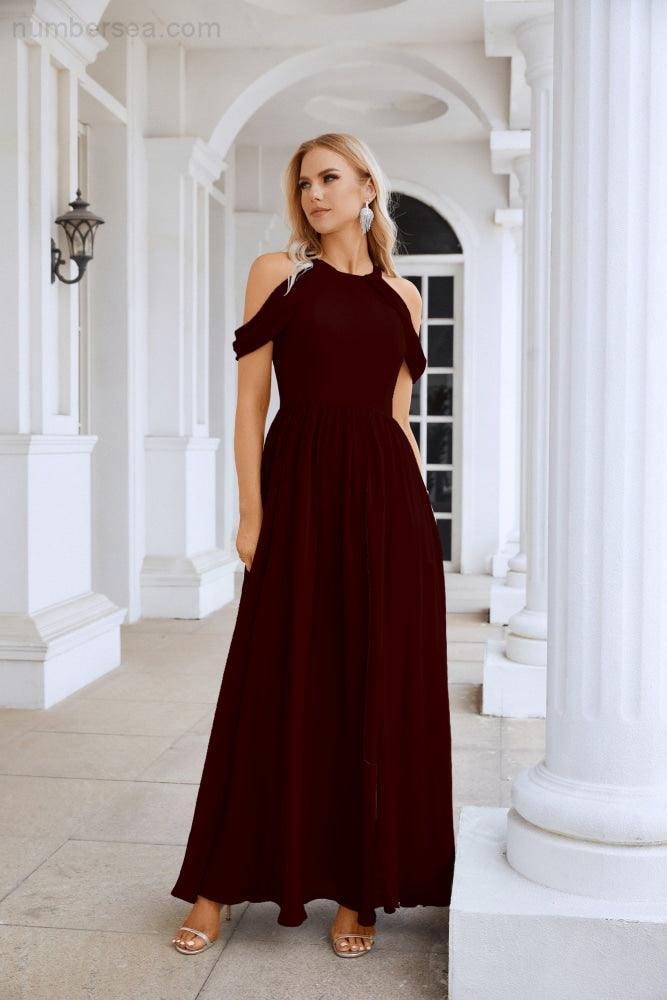 Ladies Chiffon Off Shoulder Swing Sleeve Front Slit Bridesmaid Evening Dress Wedding Party Evening Dress 28117-numbersea