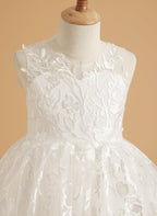 Vestido de niña de flores de tul y encaje color marfil, largo hasta el suelo y elegante lazo (2003227417) 