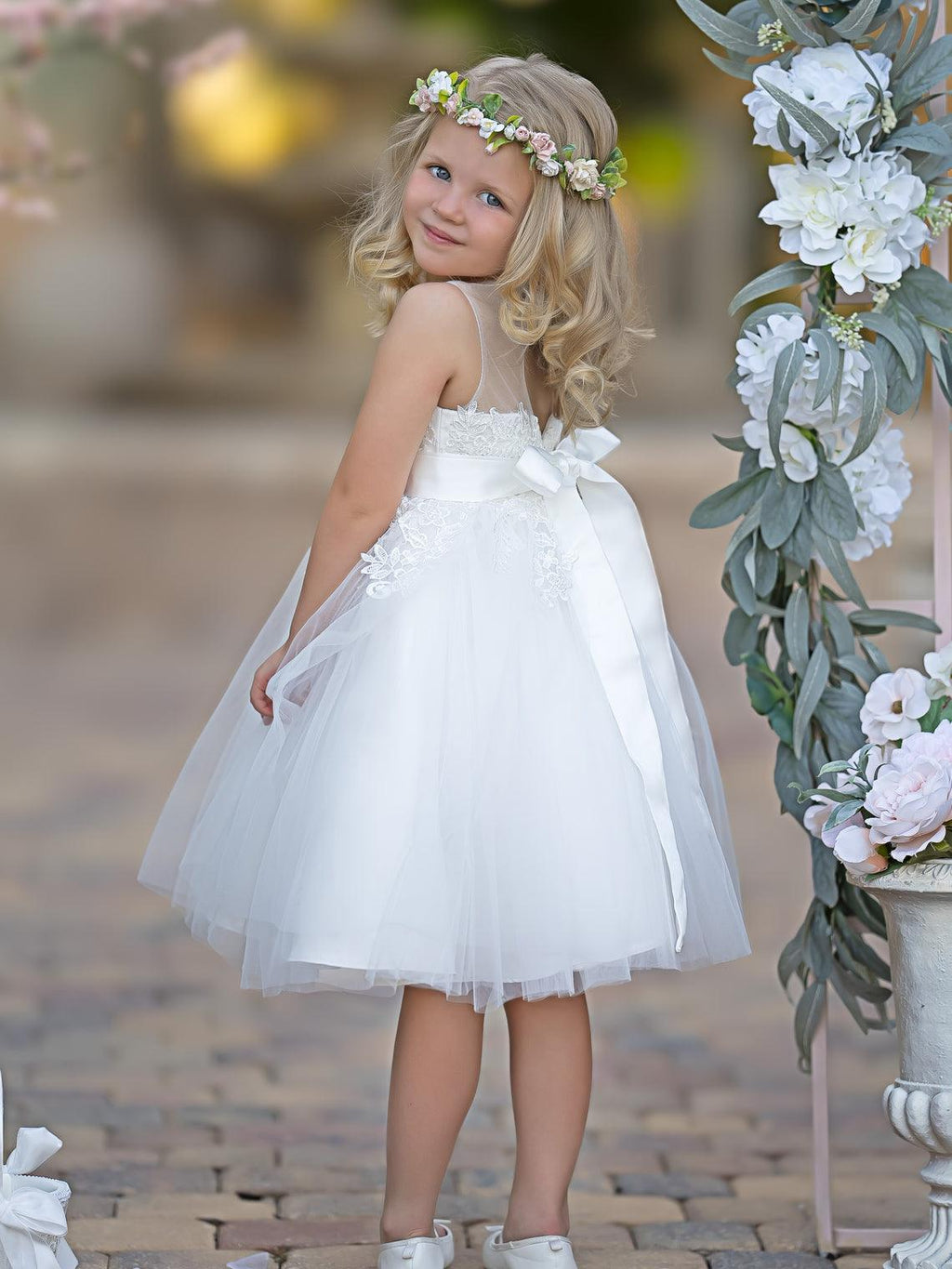 Vestido de niña de las flores de primera comunión de tul con encaje hasta la rodilla 