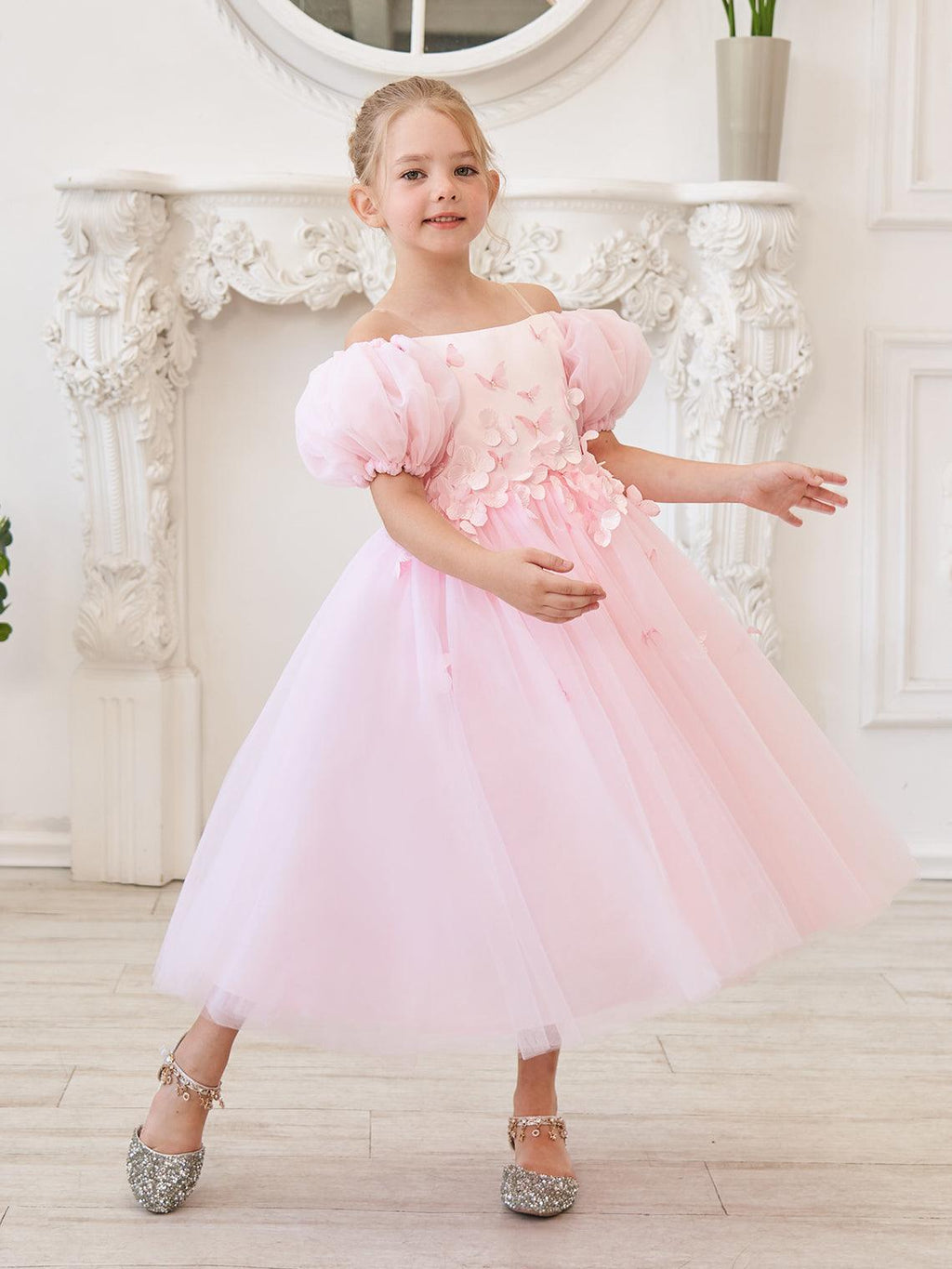 Vestido de tul para niña de las flores, largo hasta la rodilla, con mangas abullonadas y hombros descubiertos, apliques florales 3D 
