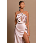 Vestido de noche formal de fiesta rosa largo con abertura lateral plisado y cuello halter único