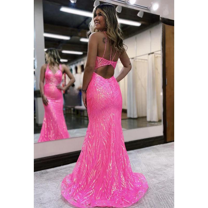 Vestido de fiesta de noche con lentejuelas, escote en V y tirantes adornados, corte trompeta/sirena