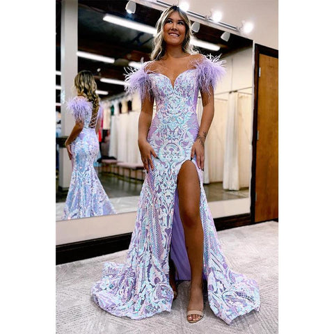 Sexy V-neck Sequins Appliques Feathers Mermaid Long Prom Dress with Slit