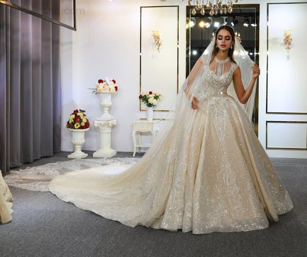 abito da sposa dress wedding luxury dubai wedding dress 2020 with long lace veil amanda novias NB3755 - numbersea