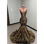Vestido formal de noche de graduación con apliques de lentejuelas y encaje con escote en V y corte trompeta/sirena