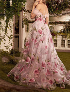 Blumenkleid Formeller Hochzeitsgast Sweep / Brush Train Ärmellos Schulterfrei Spitze mit Blumendruck Ballkleider