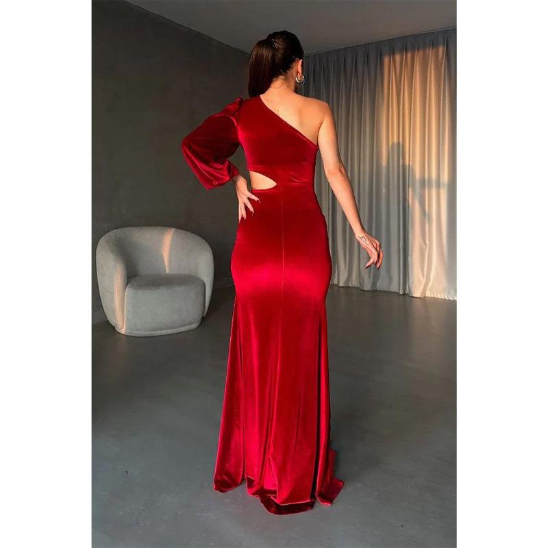 Vestido de noche largo de terciopelo burdeos con un solo hombro y corte tubo/columna 