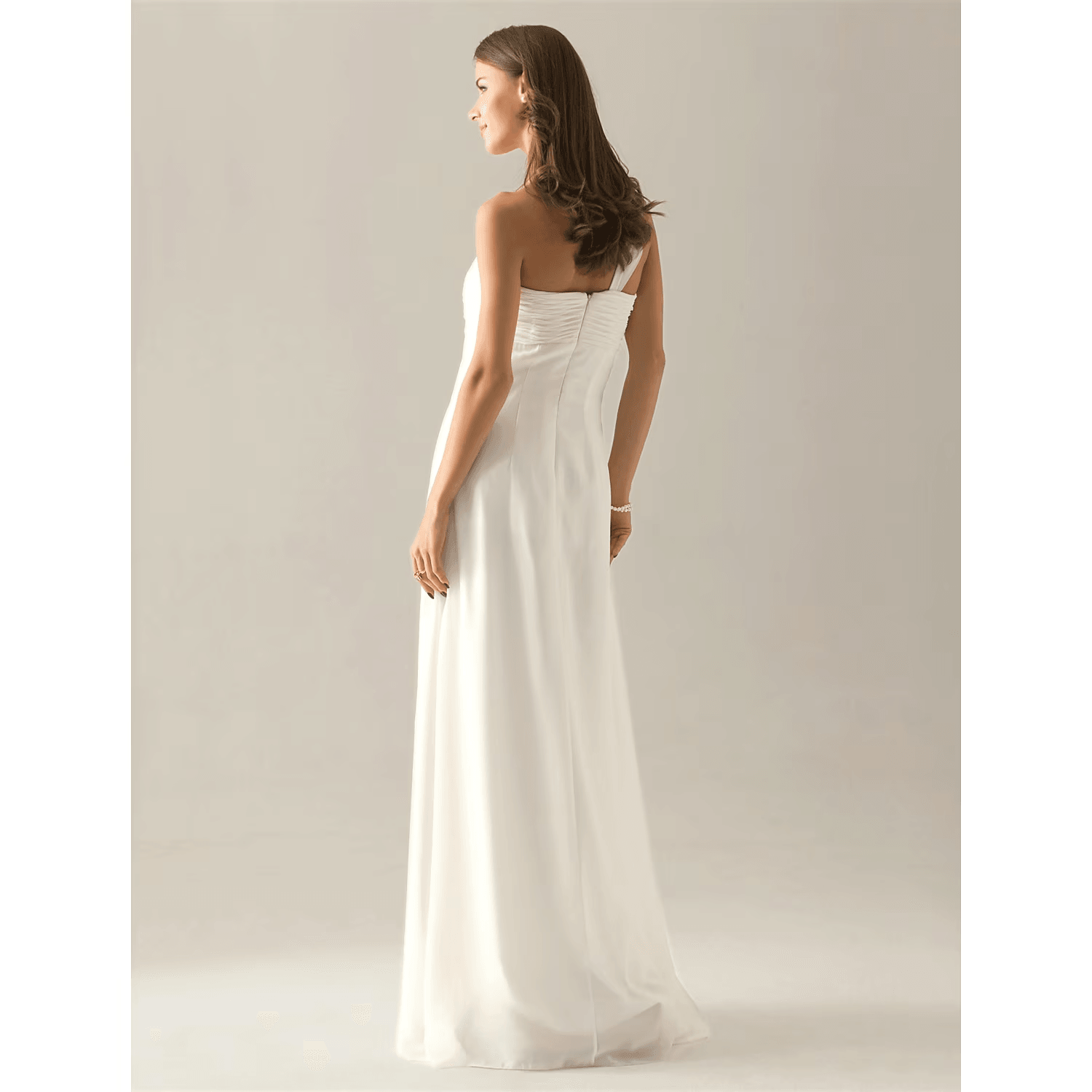 Vestido de dama de honor con corte tubo/columna, un hombro, sin mangas, elegante, largo hasta el suelo, de gasa con lazo(s), pliegues y fruncido.