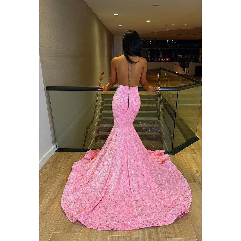 Vestido de noche formal con escote en V, sin mangas, con lentejuelas y cuentas, corte tubo/columna