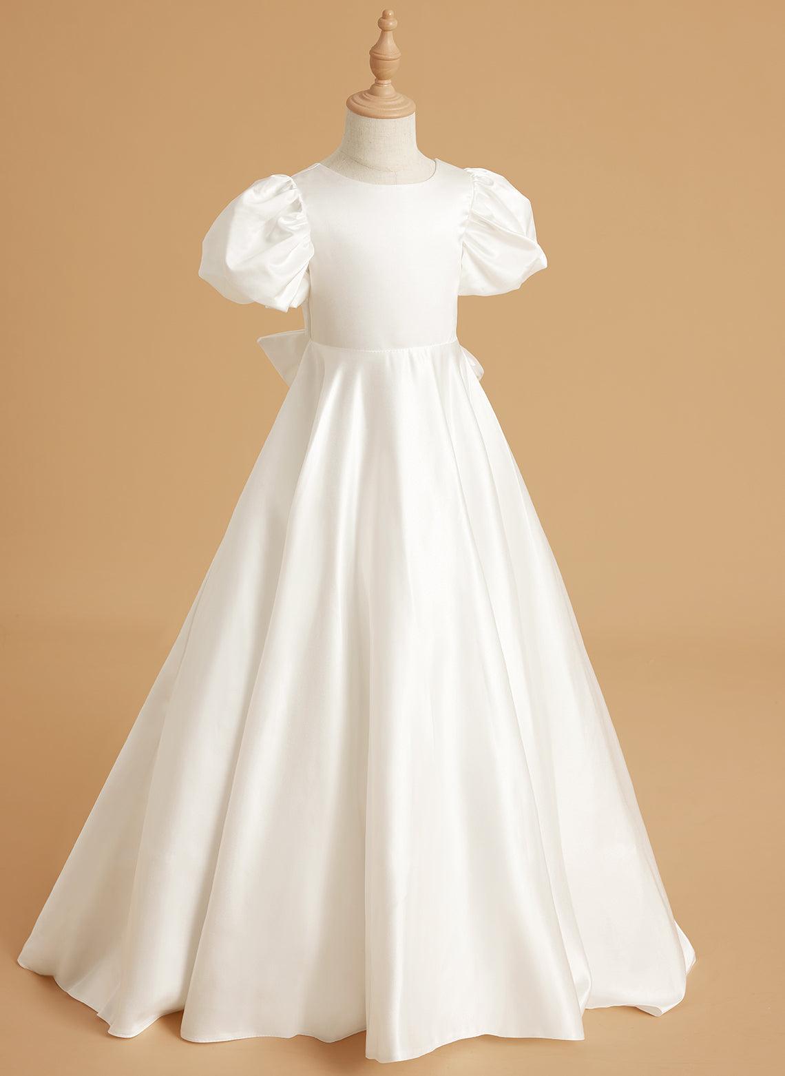 Vestido para niña de las flores con cola larga, mangas abullonadas, lazo en la espalda y botones 