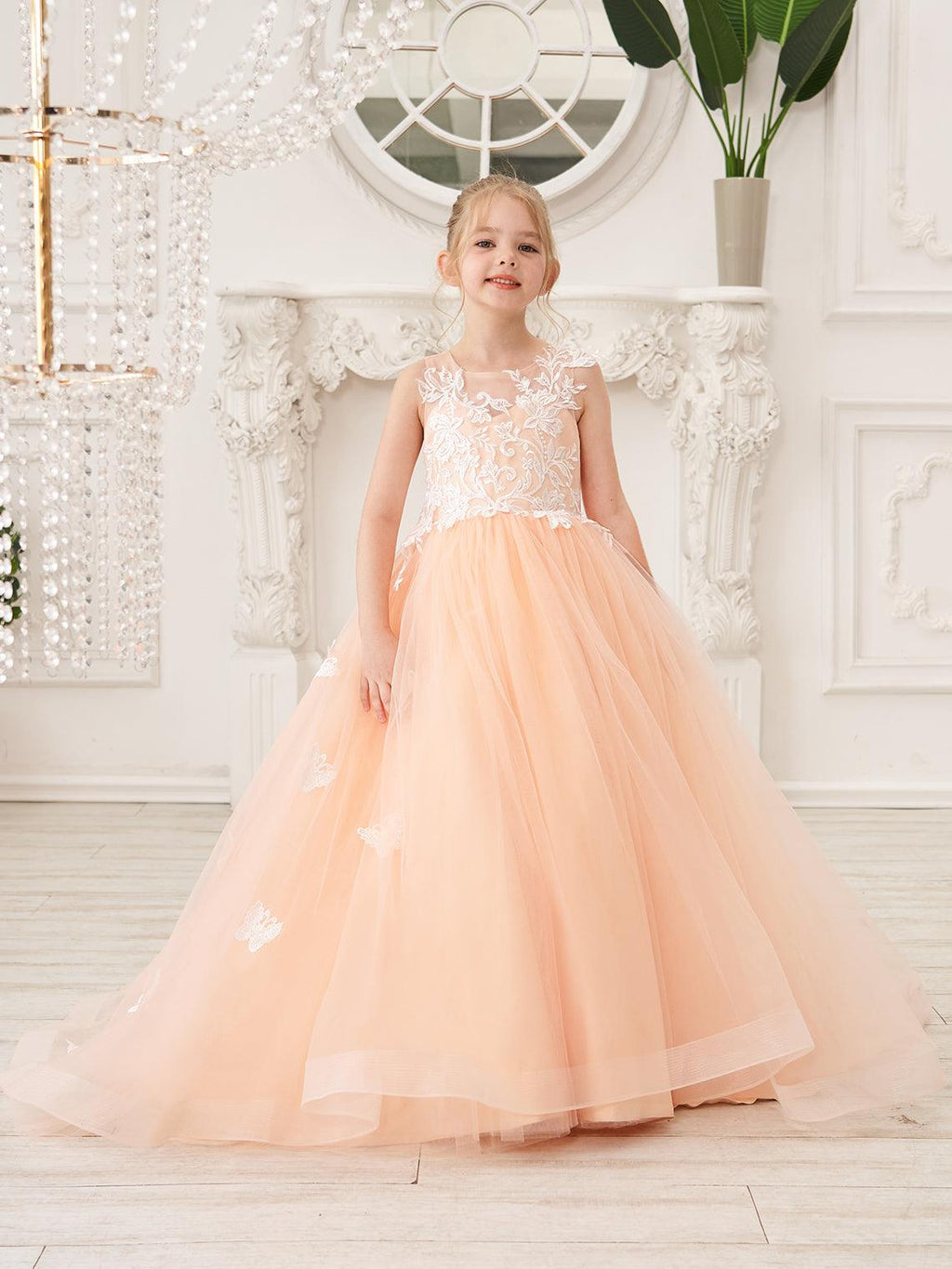 Elegante vestido de tul sin mangas estilo princesa de corte A para niña de las flores 
